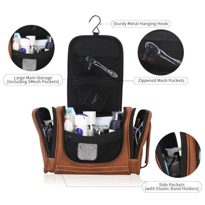 MIRASON Travel Toiletry Bag, Hanging Toiletry Bag for Men, Leather Travel Shower Bag for Toiletries Dopp Kit Bathroom Bag with Metal Hook, Gift for Men (Brown) - color: Brown