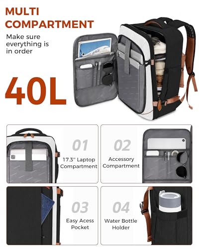 Vancropak 40L Carry On Travel Backpack for Men & Women, Expandable Flight Approved Weekender Backpack with 3 Packing Cubes, Water-Resistant Anti-Theft Laptop Backpack, Lightweight Business Travel Bag - color: Black White Light Brown