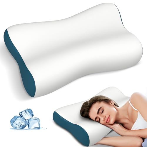 Cervical Neck Pillow for Pain Relief, Contour Memory Foam Pillows for Sleeping, Ergonomic Pillow Orthopedic Cooling Pillow Bed Pillow Neck Support for Side Back Stomach Sleepers(White&Blue) - color: White&blue
