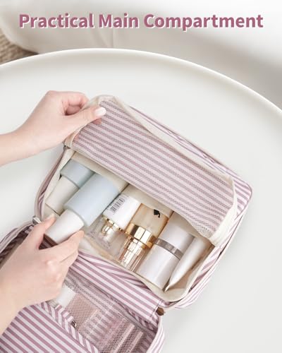 Narwey Small Hanging Travel Toiletry Bag for Women, Travel Bag for Toiletries, Makeup Bag Organizer Cosmetic Bags Make Up Bags for Girls - color: ZB-Dusty Pink Stripe
