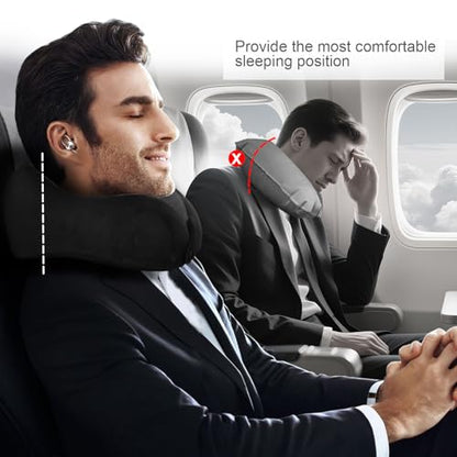 Travel Neck Pillows for Airplanes Memory Foam Neck Pillow for Traveling Adjustable Travel Pillow for Sleeping, Airplane,Train, Car with Eye Mask, Earplugs, Carry Bag