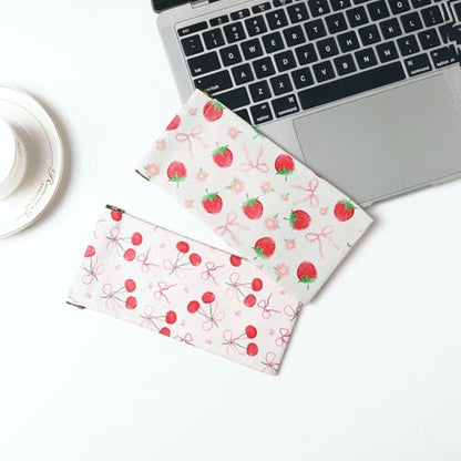 Glasses Case Soft, Eyeglass Cases for Women Portable Squeeze Top PU Leather 2 Pack Glasses Pouch with Cleaning Cloth - color: 2pcs Bow Cherry+bow Strawberry