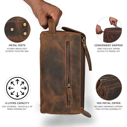 LEATHER VILLAGE Genuine Leather Travel Toiletry Bag - Water-Resistant Dopp Kit for Toiletries, Large Shaving Bag & Bathroom Organizer - Gift for Men & Women - Rustic Brown - color: Rustic Brown