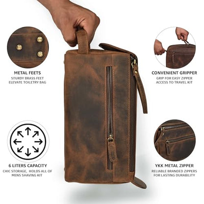 LEATHER VILLAGE Genuine Leather Travel Toiletry Bag - Water-Resistant Dopp Kit for Toiletries, Large Shaving Bag & Bathroom Organizer - Gift for Men & Women - Rustic Brown - color: Rustic Brown