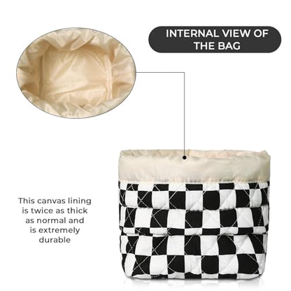 Gosect Makeup Bag, Quilted Cosmetic Bag Set, Drawstring Makeup Bag with Canvas Lining, Large Floral Toiletry Bag for Women Girls, Cute Cotton Flower Travel Organizer Bag (Checkered Pattern - color: Checkered Pattern