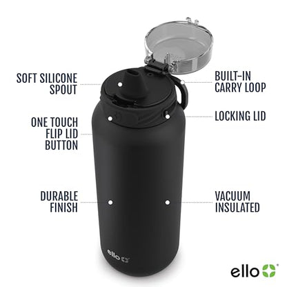 Ello Cooper 18oz Kids Stainless Steel Water Bottle with Straw and Carry Handle, Double Walled and Vacuum Insulated Metal, Leak Proof Locking Lid with Soft Silicone Spout, Reusable, BPA Free, Black - color: Black, size: 18 Ounces