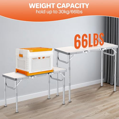 FUNYKICH 3ft Portable Folding Table with 3 Adjustable Height, 34.2'' Lx15.7'' W Camping Tables, Lightweight Aluminum Outdoor Picnic Table with Carry Handle for Car Camping, Outdoor Dining, Beach - size: 34.2''x15.7''x27.5''(White)