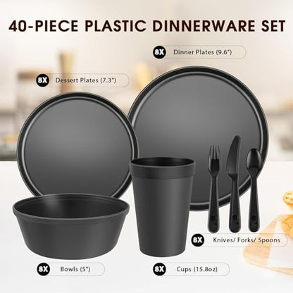 40 Piece Plastic Dinnerware Set for 8 with Cutlery, Unbreakable Plates and Bowls Set, Dishwasher & Microwave Safe Reusable Dish Set for Camping, RV, Outdoor Kitchen, Apartment Dining, Black - color: Black