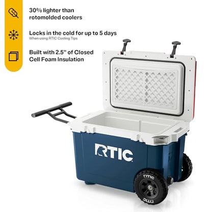 RTIC 52 Quart Ultra-Light Wheeled Hard Cooler Insulated Portable Ice Chest Box for Beach, Drink, Beverage, Camping, Picnic, Fishing, Boat, Barbecue, 30% Lighter Than Rotomolded Coolers - color: Patriot