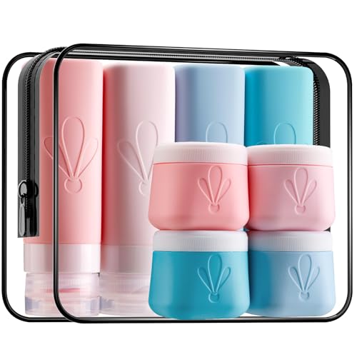 INSFIT travel bottles for toiletries 8 Pack, Leak proof Travel Size Toiletries Containers with toiletry bag, Squeezable Silicone Bottles & Cream Jars, Travel Essentials BPA-Free kit for Shampoo - color: 8Pack Pink, size: 3oz,2oz