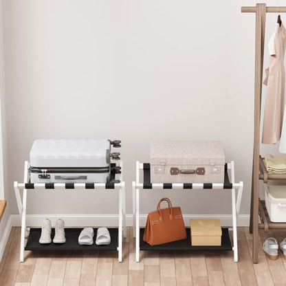 Smuxee White Bamboo Luggage Rack Pack of 2, Foldable Suitcase Stand with Storage Shelf, Easily Assembled Luggage Stand with 5 Nylon Straps for Guest Room Bedroom Hotel - color: White 2PCS