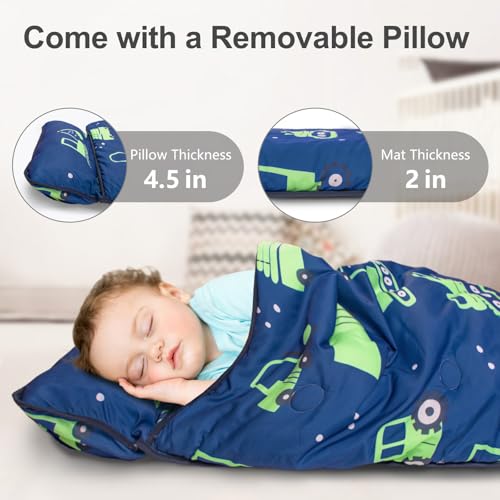 Primlect Thickened Toddler Nap Mat with Removable Pillow and Minky Blanket, Extra Large 55''x35'' Sleeping Bag, Washable, Roll up, Perfect for Daycare, Preschool, Kindergarten, Boys (Excavator) - color: Green Car