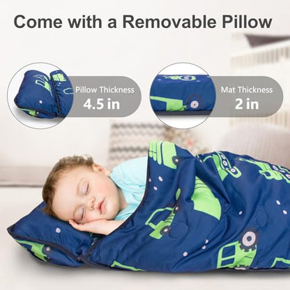 Primlect Thickened Toddler Nap Mat with Removable Pillow and Minky Blanket, Extra Large 55''x35'' Sleeping Bag, Washable, Roll up, Perfect for Daycare, Preschool, Kindergarten, Boys (Excavator) - color: Green Car