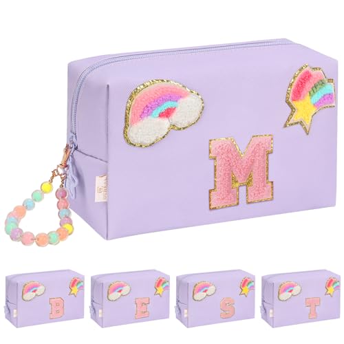 Initial Makeup Bag for Girls, Cute Makeup Bag Small Cosmetic Bag Travel Make Up Organizer Pouch, Birthday Gifts for Girls 4 5 6 7 8 9 10 11 12 13 14 15 Years Old, Teen Girls Gifts Trendy Stuff - color: Purple + Bracelet, style: M