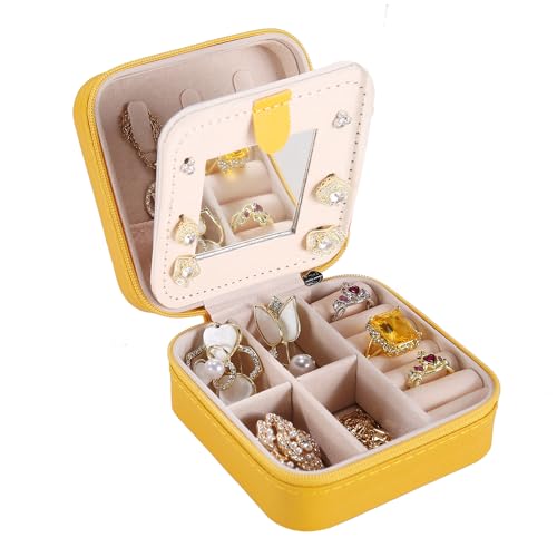 KElofoN Travel jewelry case Travel jewelry box Travel Jewelry Organizer Small Jewelry Organizer Box Gift for Girls Women with Mirror (Yellow) - color: Yellow