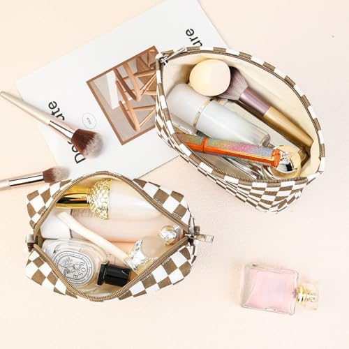 SOIDRAM 2 Pcs Checkered Makeup Bag Large Cosmetic Bag Toiletry Bag Makeup Pouch Travel Bag Organizer Cute Makeup Brushes Aesthetic Accessories Storage Bag for Women Coffee Brown - color: Coffee Brown