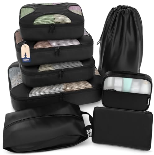 Shacke 8 Set Packing Cubes for Travel – Complete Luggage Organizer Set with Laundry, Shoe, Toiletry & Accessories Bag, Suitcase Travel Organizer (Black) - color: 8 Set - Black, size: Set of 8