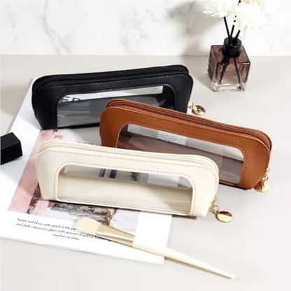 Small Clear Makeup Brush Bag with Zipper, PU Leather Travel Makeup Brush Case, Portable Waterproof Cosmetic Bag （Black） - color: Black