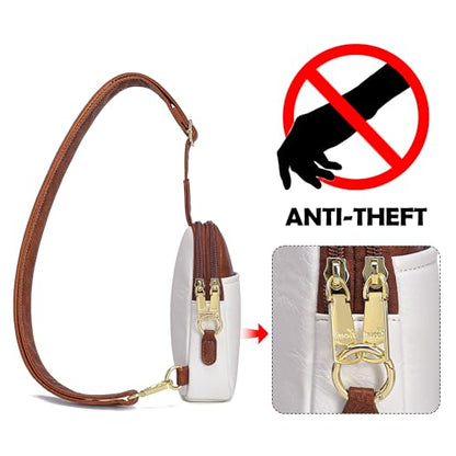 Haytijoe Small Anti Theft Crossbody Bag for Women Faux Leather Lightweight Sling Bags RFID Blocking Fanny Pack for Travel - color: White Brown