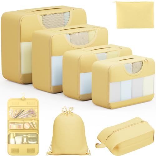 8 Set Packing Cubes for Travel, Luggage Organizer Bags for Carry On, Yellow