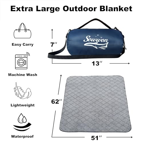 Waterproof Outdoor Blanket 62”X 51” Packable, Stadium Blankets for Camping with Sherpa Fleece Lining, Large Windproof Emergency Mat for Garss Picnic Hiking Road Trip, Machine Washable, Navy 300GSM - color: Sherpa Navy-300 Gsm, size: 62"x 51"