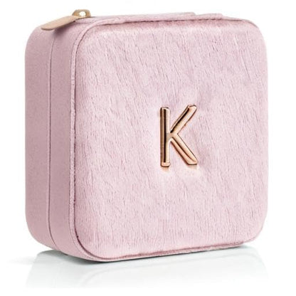 VLANDO Small Travel Jewelry Box Organizer Display Case for Rings Earrings Necklaces Storage, Selected Soft Velvet, Letter K Engraved, Pink - color: b. Powder Pink K