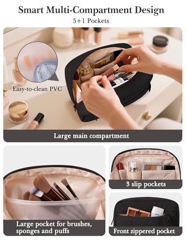 Noozion Makeup Bag Travel Toiletry Bag, Puffy Padded Cosmetic Bag for Women, Makeup Organizer Case, Wide-open Pouch Purse, Travel Essentials - color: Black