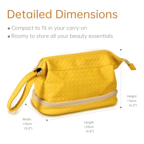 Abiudeng Large Capacity Makeup Bag Ladies Cosmetic Bag Travel Bag with Compartments Portable PU Leather Travel Makeup Bag with Handle - color: Lozenge-Yellow