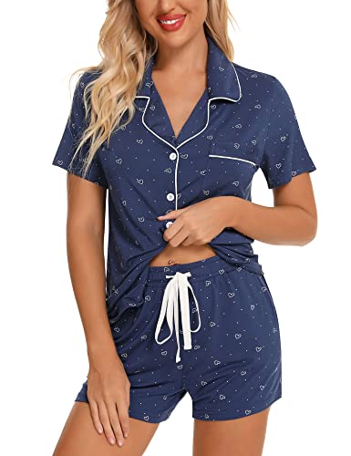 Anjue Womens Pajamas Set Short Sleeve Sleepwear Button Down Nightwear Shorts Soft Pj Sets S-XXL - color: A-cyan Heart(with Shorts Pockets), size: Small