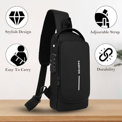 Unisex Anti-Theft Sling Bag with USB Port, Water-Resistant Crossbody Chest Backpack for Travel & Work - color: Black
