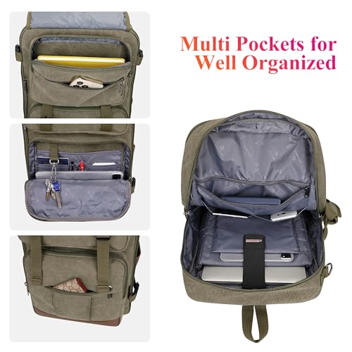 WITZMAN Canvas Travel Backpack for Men Large Laptop Backpack Fit 16 inch Carry-on Airline Approved Convertible Shoulder Rucksack(A6617-3 Army Green) - color: Army Green
