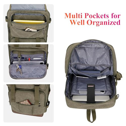 WITZMAN Canvas Travel Backpack for Men Large Laptop Backpack Fit 16 inch Carry-on Airline Approved Convertible Shoulder Rucksack(A6617-3 Army Green) - color: Army Green