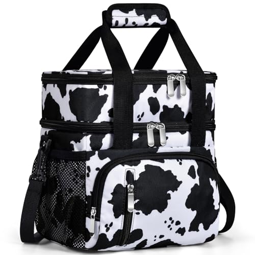 Insulated Lunch Bag for Women, Double Leakproof Lunch Box Soft Cooler Tote with 5 Pockets, 600D Oxford, EVA Lining, Adjustable Strap for Work, Picnic, Beach&Travel-Cow Print - color: Cow Pattern, size: Double