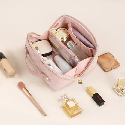 Prite Makeup Bag for Women Travel Waterproof Vegan Leather Cosmetic Bag Open Flat Toiletry Bag With Clear Divider and Handle (Plaid Pink, Medium) - color: Plaid Pink, size: Medium