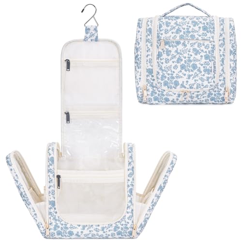 Narwey Hanging Toiletry Bag for Women Travel Makeup Bag Organizer Toiletries Bag for Cosmetics Essentials Accessories - color: Z-Little Blue Flower