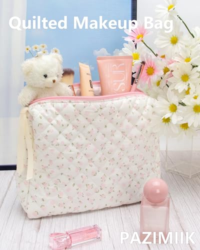 Quilted Makeup Bag Large Travel Zipper Soft Cosmetic Pouch for Women Girls Make Up,Little Flower Pink - color: Little Flower Pink, size: 1 PCS Pouch