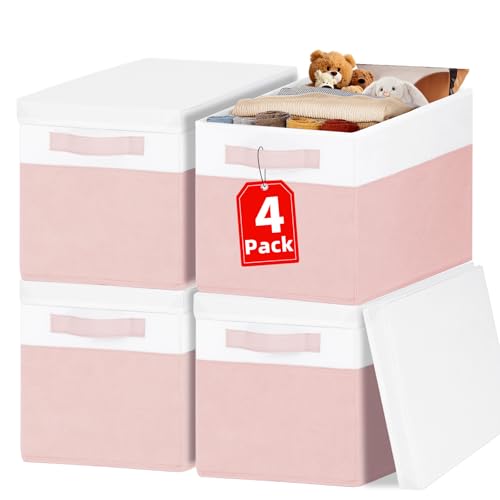 Large Closet Organizer Bins with Lids 4 Pack - 23 QT Collapsible Decorative Storage Boxes with Lids - Clothes Storage Bins with Handles - Fabric Containers for Living Room, Dorm, Nursery - Pink - color: White with Pink, size: 4pcs-Large