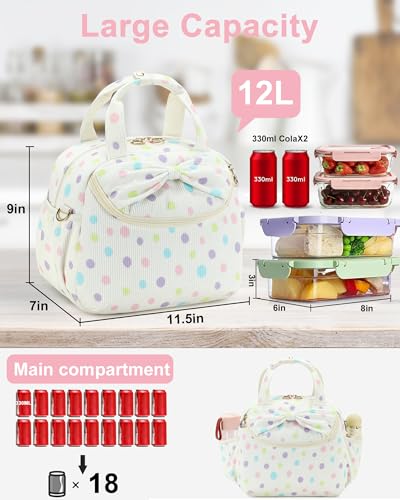 Bluboon Lunch Box for Women, Large Insulated Lunch Bag with Shoulder Strap, Adult Lunch Tote Teacher Nurse, Bow Lunch Cooler Gifts for Work Picnic Travel, Black (Rainbow Dots) - color: Rainbow Dots