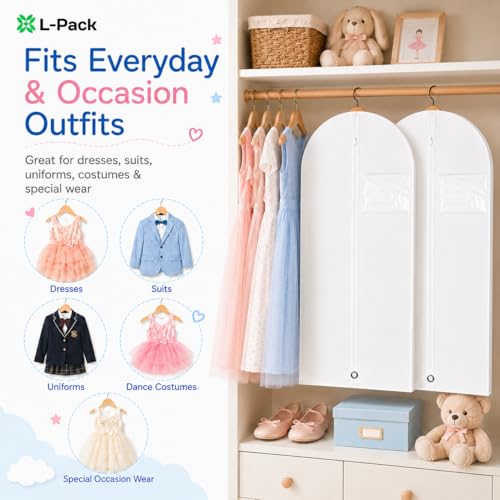Kids Garment Bag 2 Pack for Hanging Clothes, Travel Garment Bags for Dresses, Dance Costumes & Suits, Breathable Clothes Cover for Baby Toddler Child,White, 30" x 18" - color: White 2 Pack