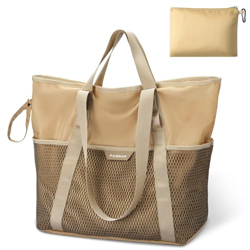 PASMAN Large Beach Bag with Zipper-8 Pockets Sandproof Beach Tote Bag for Women,Foldable Lightweight Family Swim Bag Vacation - color: Khaki