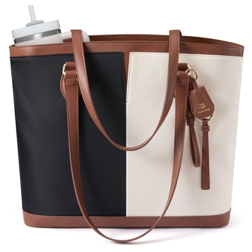 LOVEVOOK Laptop Tote Bag for Women, Lightweight Work Tote with Cup Holder, Waterproof Large Computer Bag for Office Travel - color: Black Off-white, size: 15.6Inch