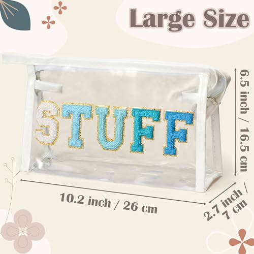 Y1tvei Clear STUFF Makeup Bag - Preppy Patch Blue Chenille Varsity Letter PVC Transparent Extra Large Cosmetic Pouch Portable Waterproof Travel Organizer Toiletry Compliant Bag for Women(White) - color: Blue STUFF White
