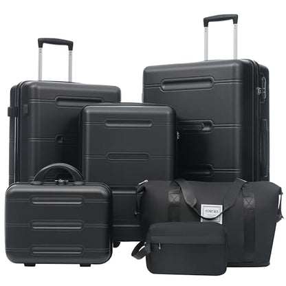 Merax Luggage Set 6 Piece,Lightweight Hardshell Suitcase with Double Spinner Wheels Handle Password Lock,14 IN Cosmetic Case 20/24/28 IN Luggages with Duffel Bag and Toiletry Bag,Black - color: Black, style: 14+20+24+28+bags