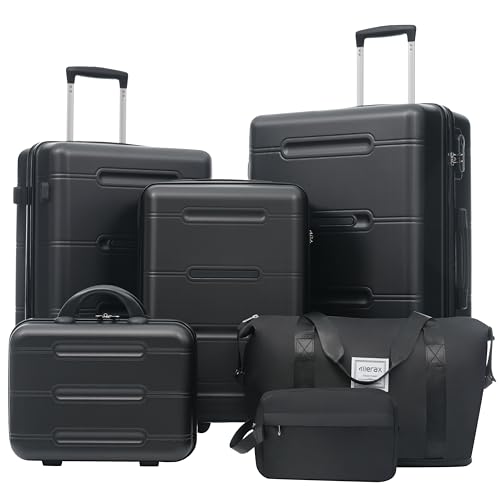 Merax Luggage Set 6 Piece,Lightweight Hardshell Suitcase with Double Spinner Wheels Handle Password Lock,14 IN Cosmetic Case 20/24/28 IN Luggages with Duffel Bag and Toiletry Bag,Black - color: Black, style: 14+20+24+28+bags