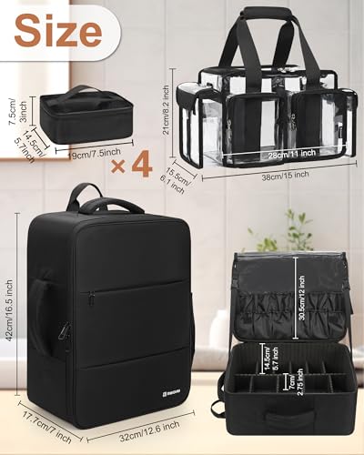 Relavel Makeup Backpack with Clear Makeup Bags, Extra Large Travel Train Case Makeup Artist Kit Set Bag with 4 Clear Bags, Storage Organizer Box with Dividers Cosmetic Hair Tools Barber Supplies - color: Black with clear makeup bags