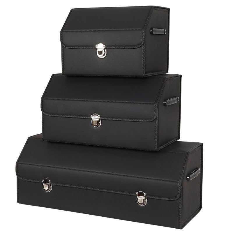 Leather Storage Box Car Trunk Organizer for Trunk SUV Sedan, Leather Foldable Storage Box with Lid (Black 14.9" L*12.2" W*11.8" H) - size: Black 14.9"L*12.2"W*11.8" H