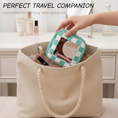 DOB SECHS Mini Checkered Bag for Purse 5.1'' x 5.1'' Small Makeup Bag for Car Cute Clear Cosmetic Bag with Zipper, Tiny Toiletry Bag Lipstick Organizer Pouch Travel Essential Storage Pouch, Mint Green - color: Mint Green