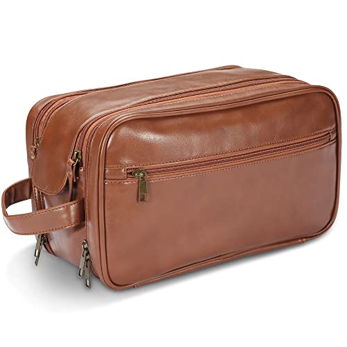 Personalized Leather Travel Toiletry Bag for Men, Large Travel Bathroom Shaving Dopp Kit, Large Cosmetic Bag Waterproof - color: Brown