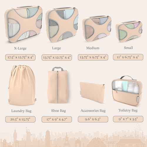 Shacke 8 Set Packing Cubes for Travel – Complete Luggage Organizer Set with Laundry, Shoe, Toiletry & Accessories Bag, Suitcase Travel Organizer (Nude Biege) - color: 8 Set - Nude Biege, size: Set of 8