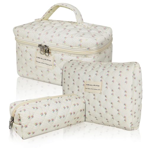 Gosect Quilted Makeup Bag, Large Floral Cosmetic Bag for Women, Cute Cotton Makeup Bag, Flower Travel Toiletry Organizer Bag (Flower) - color: Flowers